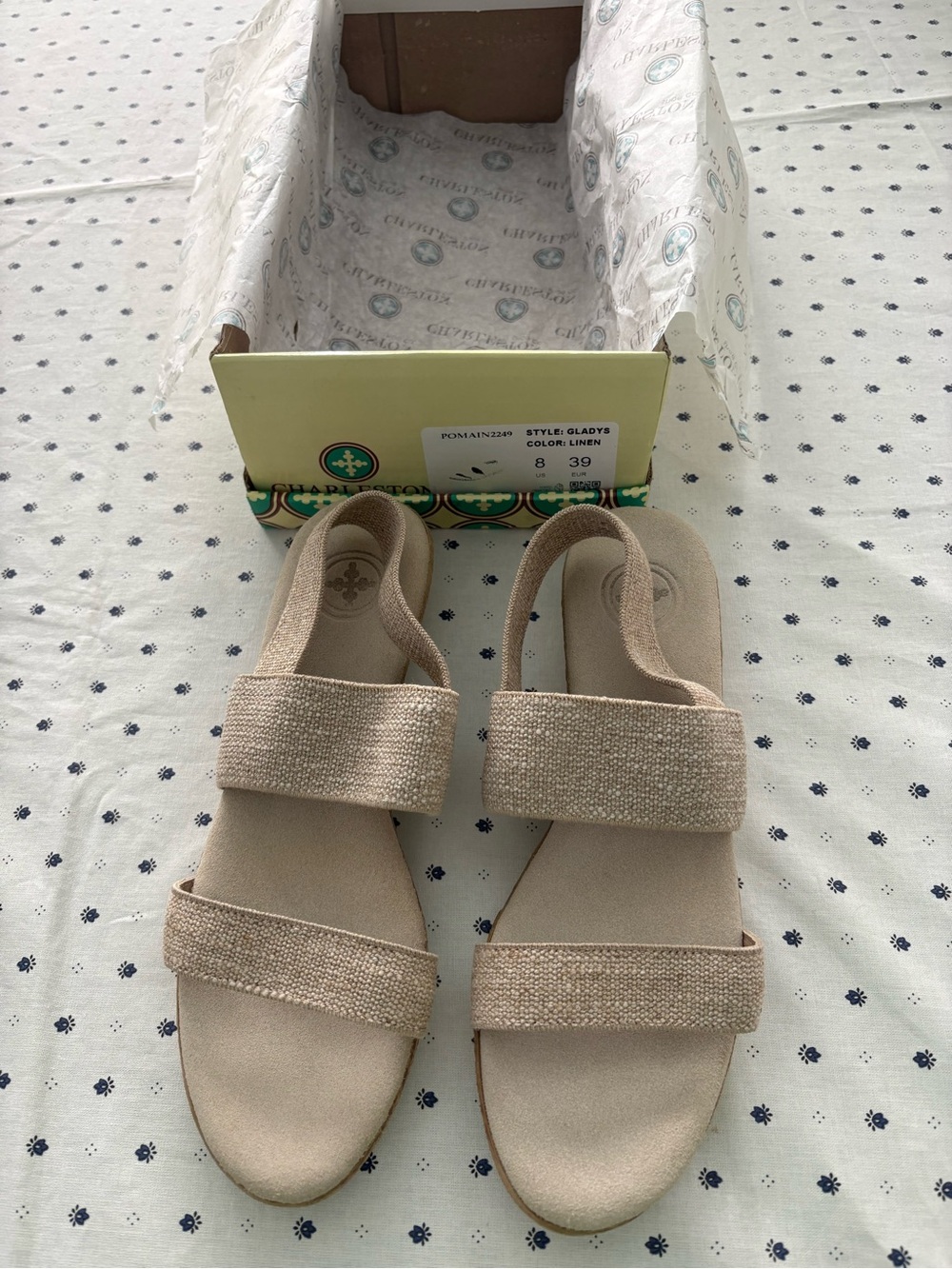 Charleston Shoe Linen Beige Gladys Two-Strap Sandal